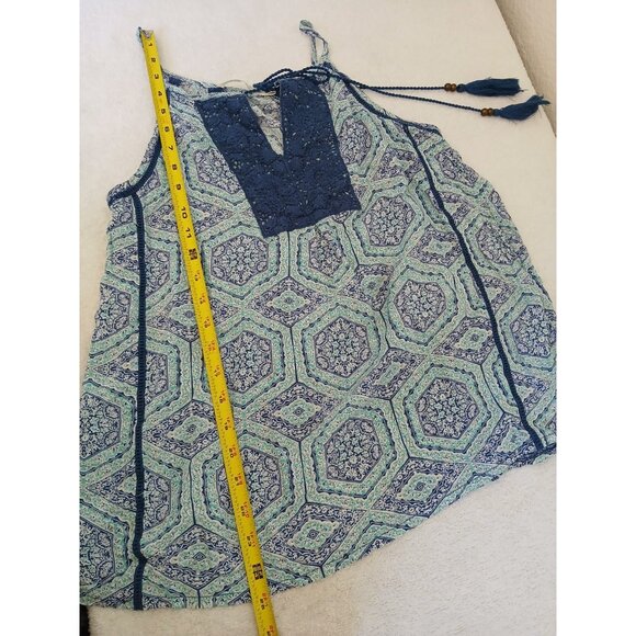 Solitaire Womens Blouse Top Navy & Green Crochet Sleeveless Tank w/ Tassels Boho - Picture 5 of 9